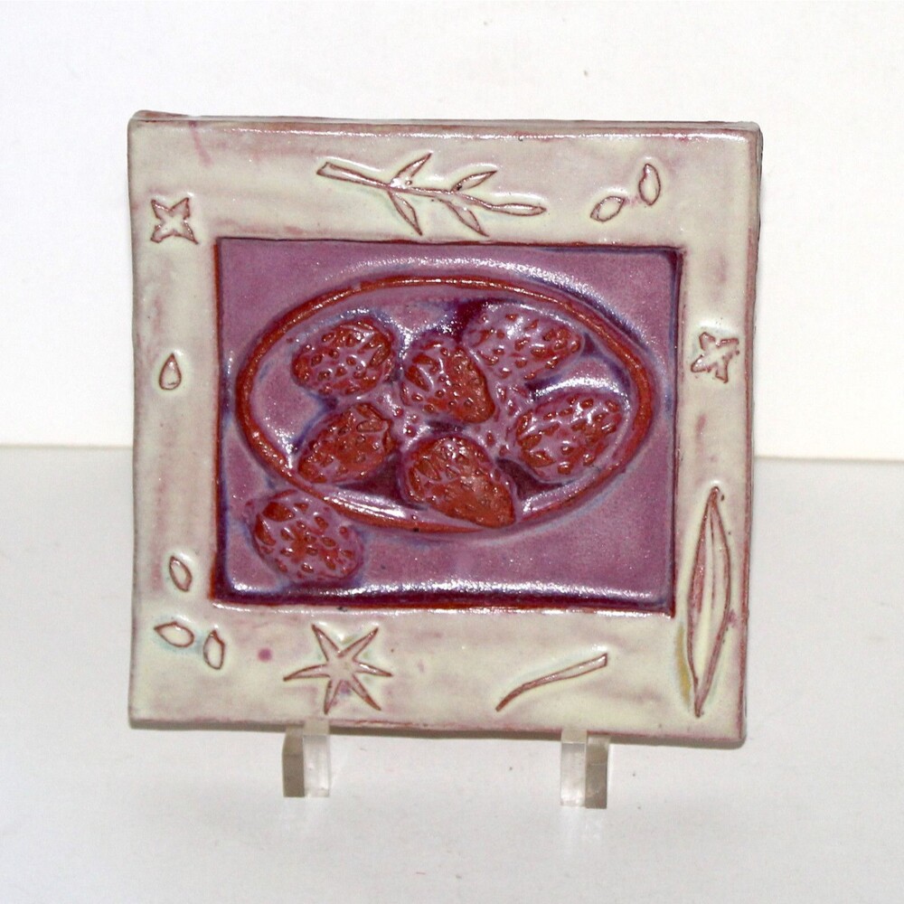 Eartha Tile Parran Collery Strawberries terra-cotta 6” hand made MD pottery